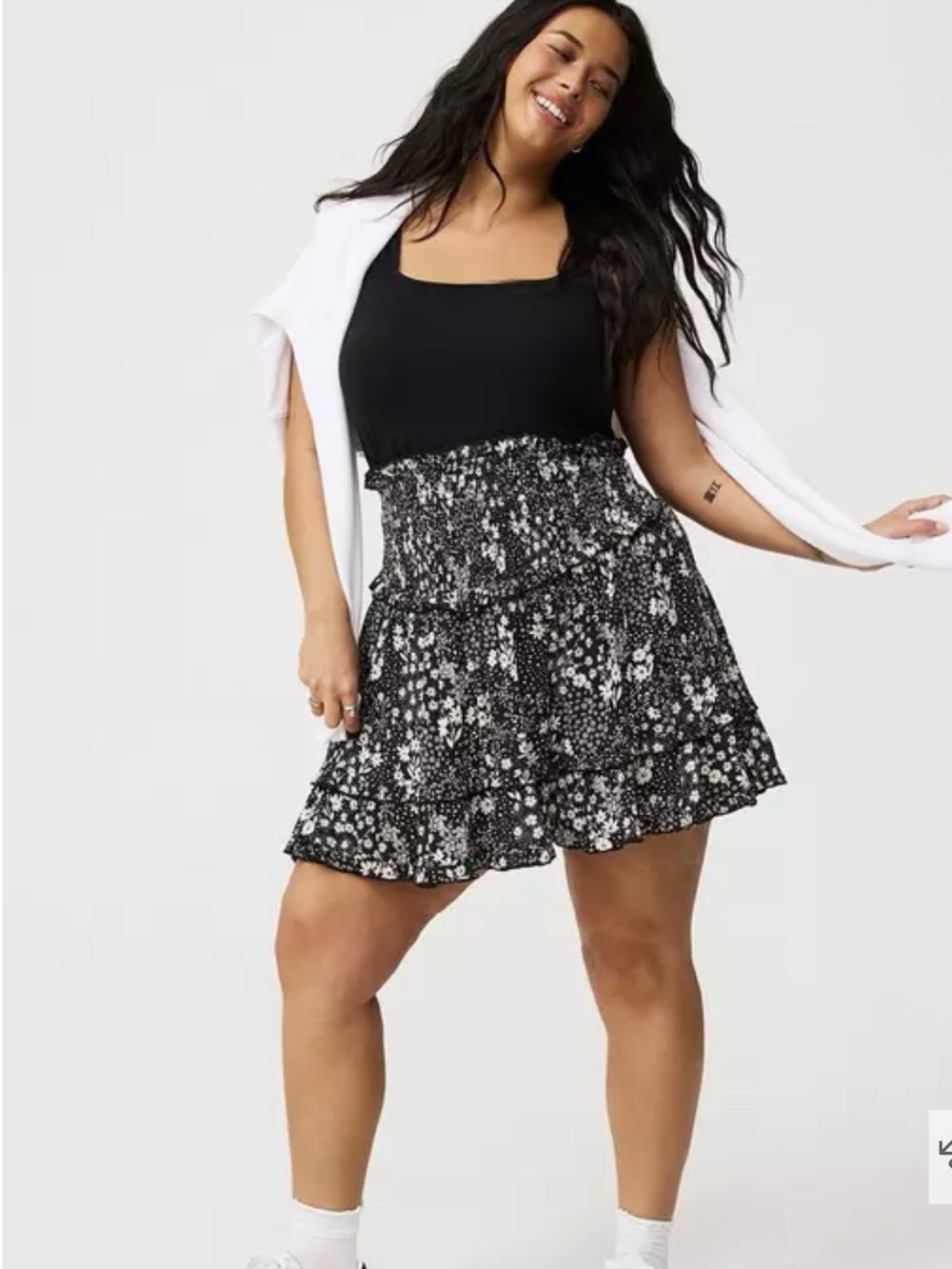 torrid Black & White Floral Smocked Tiered Mini Skirt